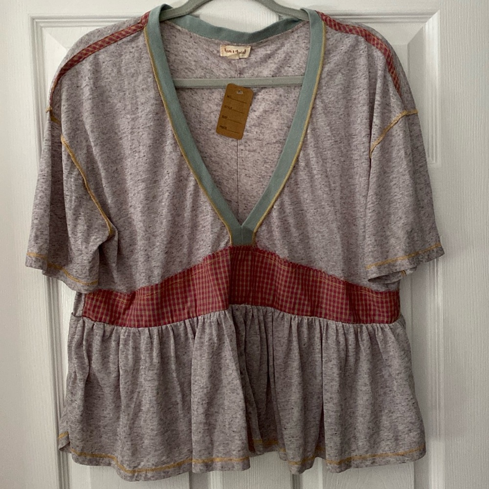 [Hem & Thread] NWT Peplum Exposed Seam and Gingham Boho Top LARGE